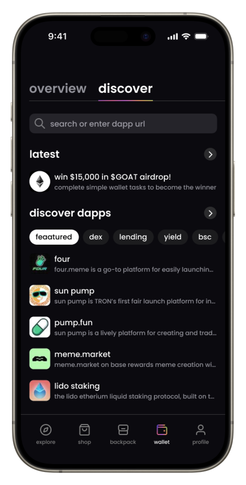 app screenshot featuring in-built web3 wallet